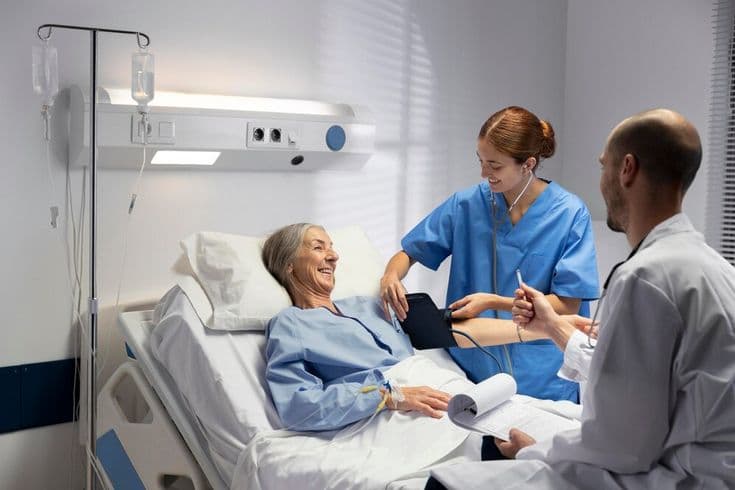 Doctors speaking with a patient in a hospital room
